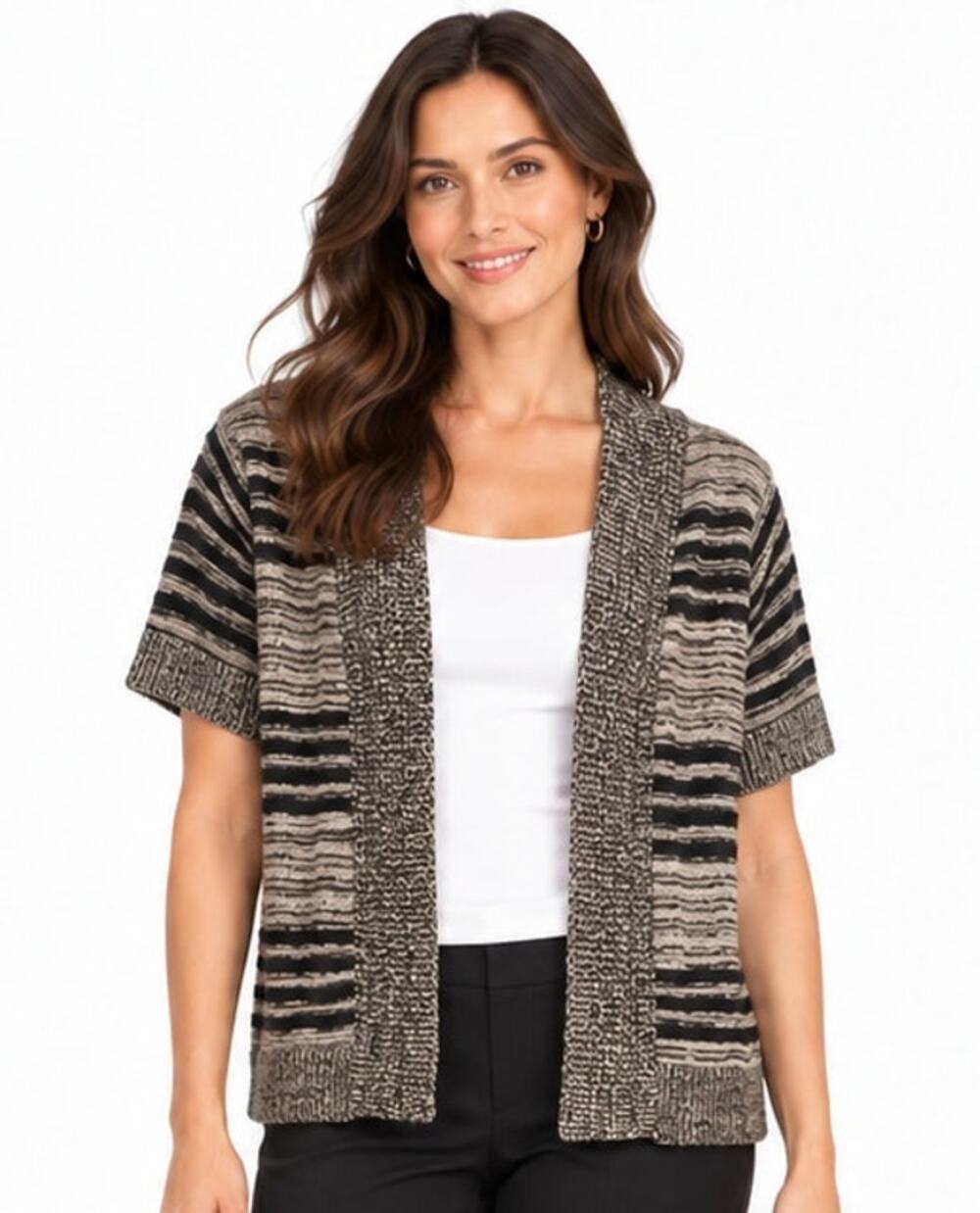 Christopher & Banks Black Taupe Striped Open Front Cardigan Size Medium